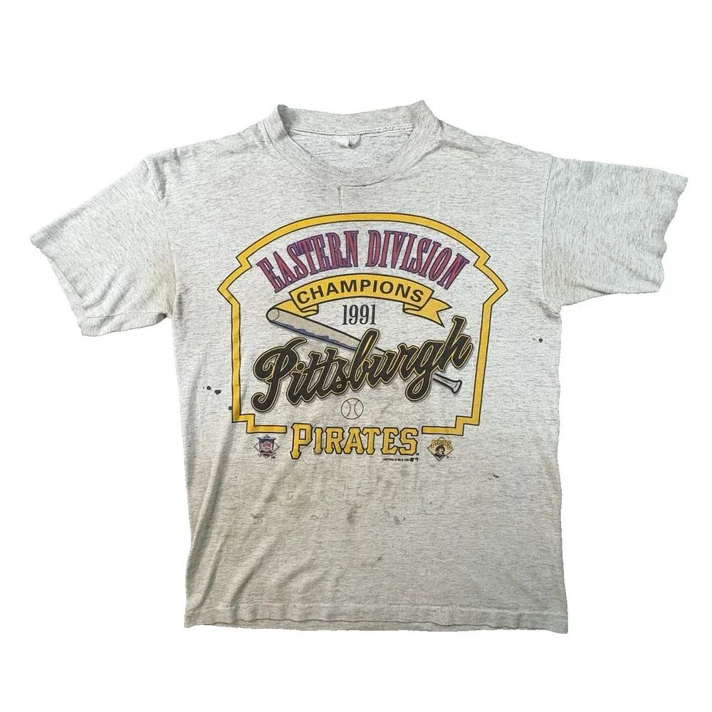 VTG TNT Men's L Gray 1991 Pittsburgh Pirates MLB Champions Distressed Stained T
